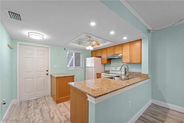 kitchen featuring white appliances, visible vents, a peninsula, a sink, and under cabinet range hood