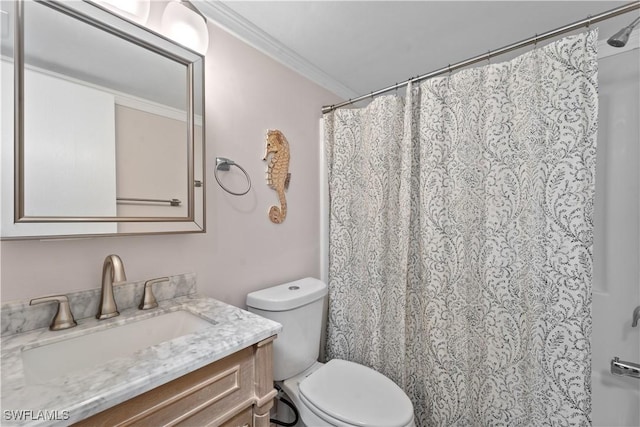 bathroom featuring vanity, crown molding, curtained shower, and toilet