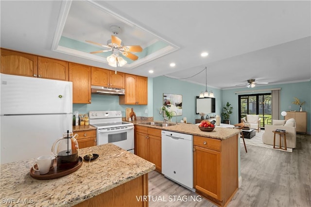 kitchen featuring white appliances, a tray ceiling, under cabinet range hood, and a sink