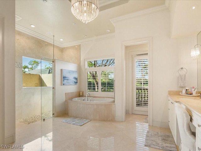 bathroom with a walk in shower, an inviting chandelier, a bath, and crown molding