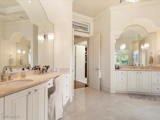 full bathroom with baseboards, visible vents, ornamental molding, a sink, and two vanities