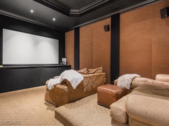 cinema room featuring carpet, crown molding, and recessed lighting