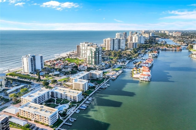 bird's eye view with a water view and a view of city