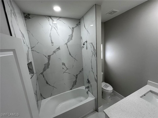 bathroom with visible vents, toilet, shower / tub combination, marble finish floor, and vanity