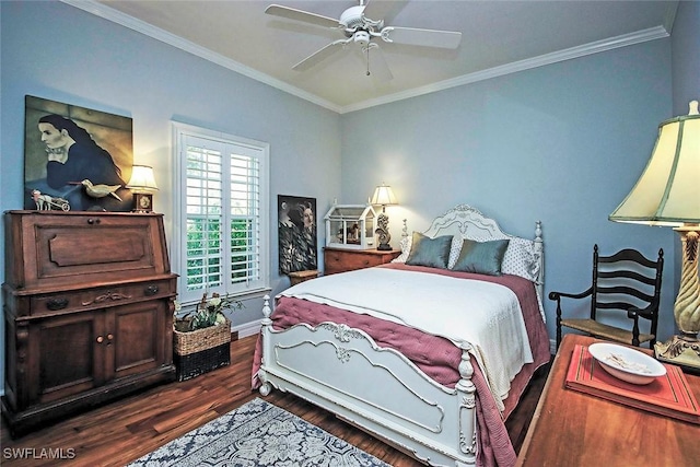 bedroom featuring ceiling fan, ornamental molding, dark wood finished floors, and baseboards