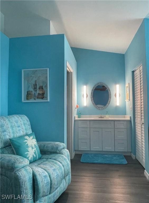 bathroom featuring wood finished floors, vanity, and baseboards