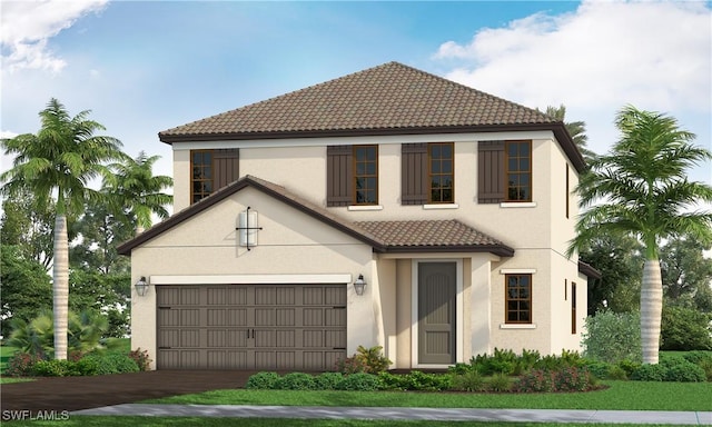 view of front of property featuring a garage, a tile roof, and stucco siding