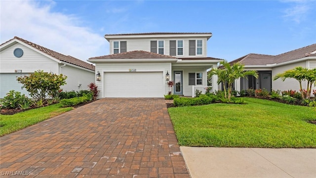 4568 Centaurus Cir, Naples, FL 34120 - traditional home with an attached garage, decorative driveway, a front yard, and a tile roof