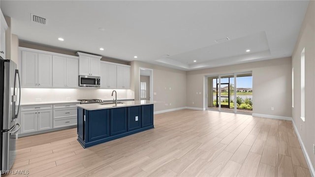 4568 Centaurus Cir, Naples, FL 34120 - kitchen featuring appliances with stainless steel finishes, a raised ceiling, baseboards, white cabinetry, and a sink