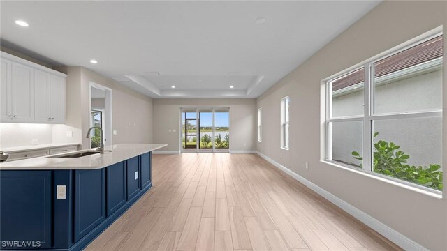 4568 Centaurus Cir, Naples, FL 34120 - kitchen featuring blue cabinetry, a sink, open floor plan, light wood finished floors, and light countertops