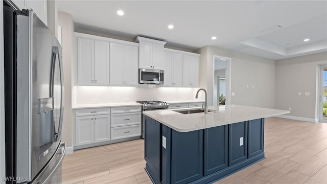 4568 Centaurus Cir, Naples, FL 34120 - kitchen featuring appliances with stainless steel finishes, a sink, blue cabinetry, light wood finished floors, and light countertops