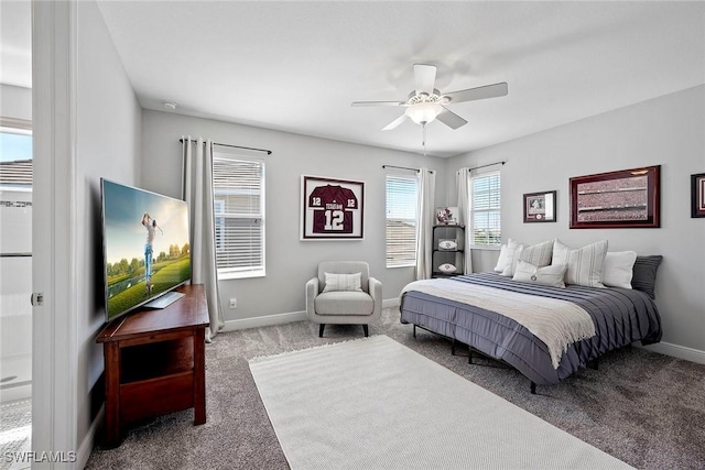 bedroom with light carpet, ceiling fan, and baseboards