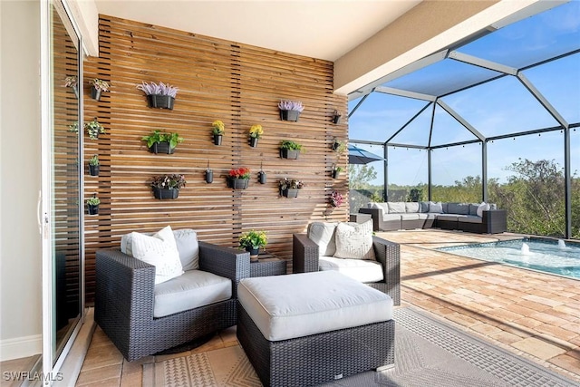 view of patio featuring an outdoor hangout area, a lanai, and an outdoor pool