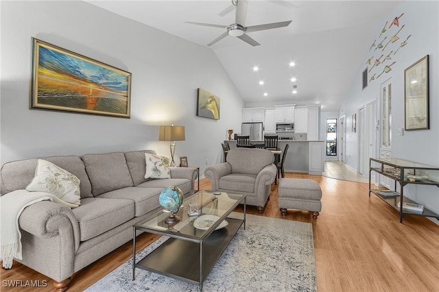 7629 Captains Harbor Dr Unit 1203, Bokeelia, FL 33922 - living area with light wood finished floors, lofted ceiling, recessed lighting, visible vents, and ceiling fan