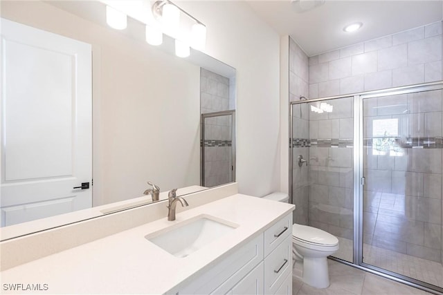 bathroom with a stall shower, tile patterned flooring, vanity, and toilet