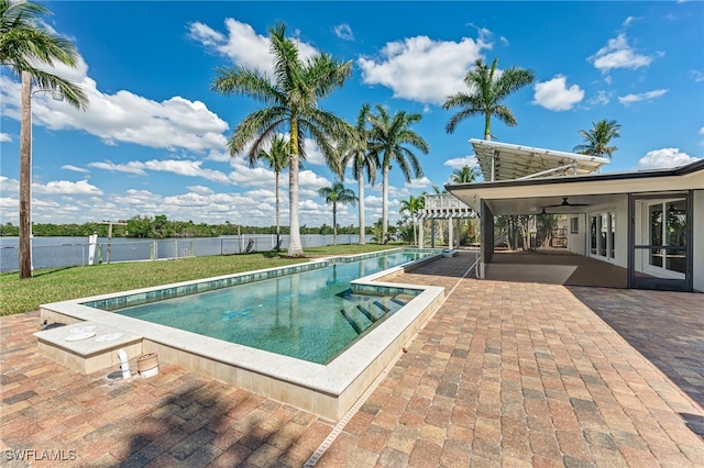 view of swimming pool with fence, a pergola, a fenced in pool, and a patio