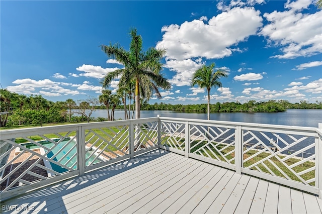 wooden terrace featuring a water view