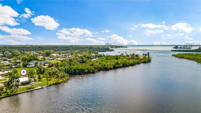 drone / aerial view featuring a water view