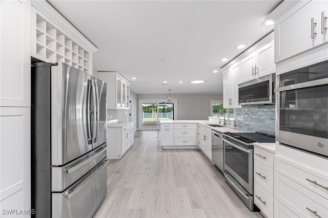 kitchen featuring stainless steel appliances, backsplash, white cabinets, a sink, and a peninsula