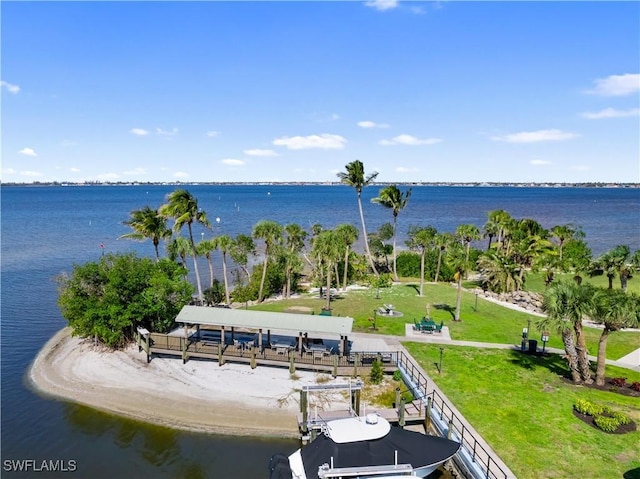 drone / aerial view featuring a water view