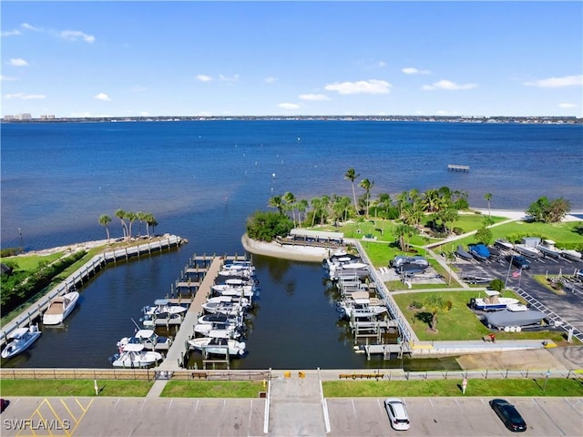 drone / aerial view with a water view