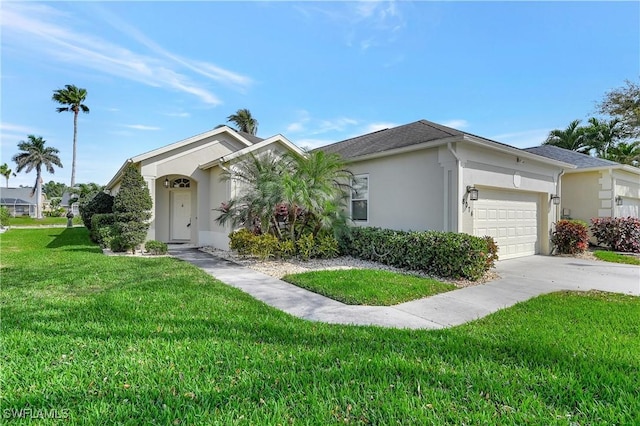 ranch-style home with an attached garage, a front yard, concrete driveway, and stucco siding