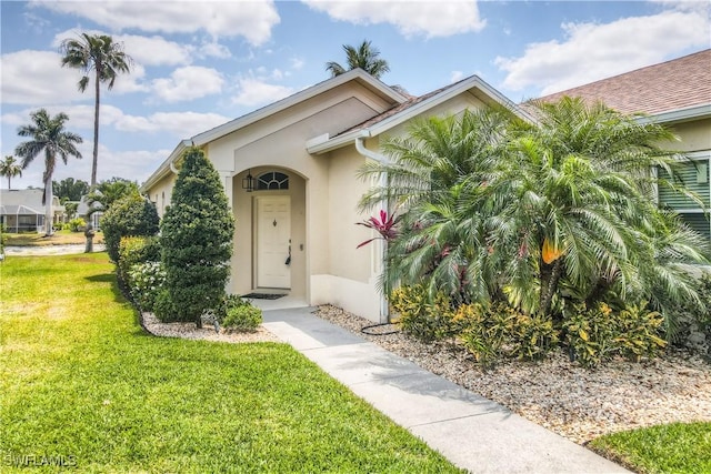 8074 Tauren Ct, Naples, FL 34119 - doorway to property with stucco siding and a yard
