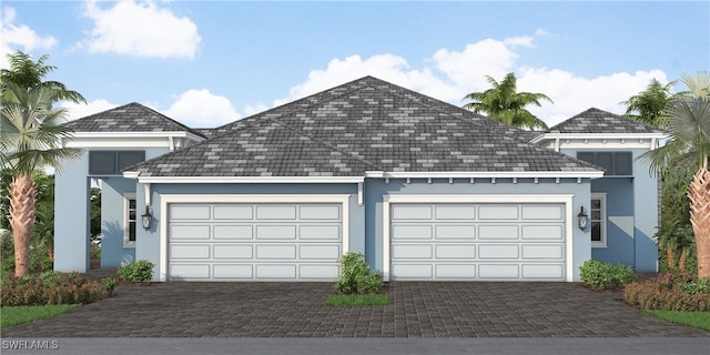 exterior space featuring a garage, decorative driveway, and stucco siding