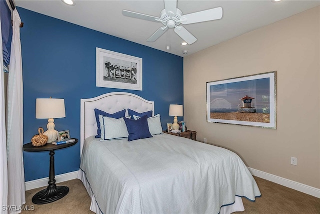 carpeted bedroom with recessed lighting, ceiling fan, and baseboards