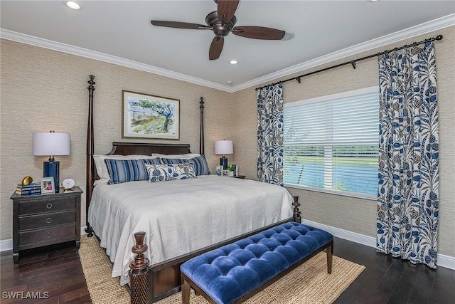bedroom featuring baseboards, wallpapered walls, dark wood finished floors, and crown molding
