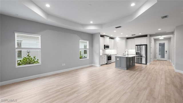 4640 Skysail Dr, Naples, FL 34120 - kitchen featuring stainless steel appliances, open floor plan, a raised ceiling, light wood finished floors, and recessed lighting