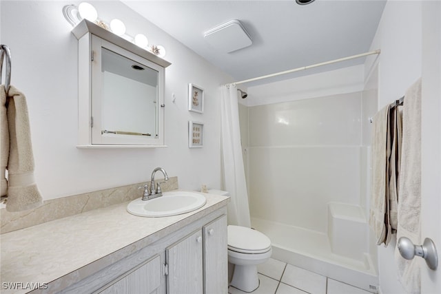 full bath with toilet, a shower stall, vanity, and tile patterned floors