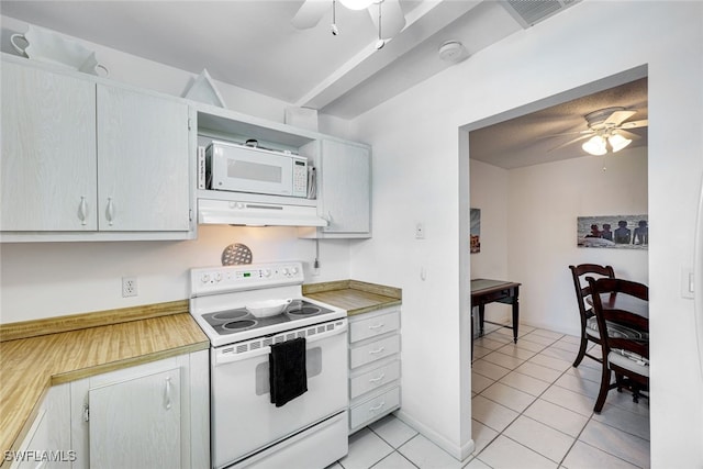 kitchen with white appliances, under cabinet range hood, visible vents, and a ceiling fan