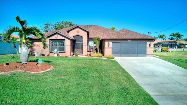 view of front of property featuring a front lawn, concrete driveway, a garage, and stucco siding