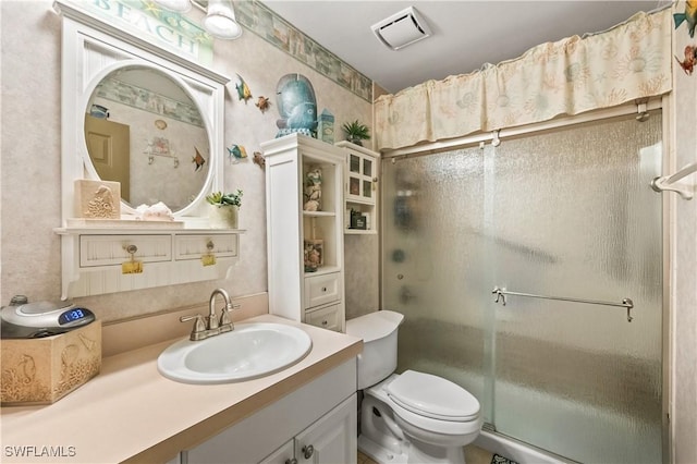 full bath featuring visible vents, toilet, a stall shower, wallpapered walls, and vanity