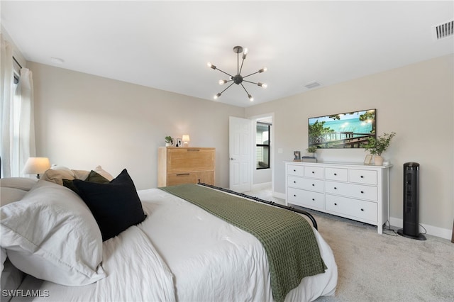 bedroom with baseboards, visible vents, a chandelier, and light carpet