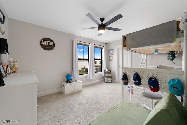 playroom featuring baseboards, carpet floors, and a ceiling fan