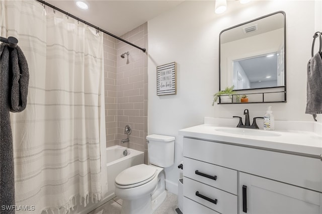 full bath with vanity, toilet, shower / bath combo, and visible vents