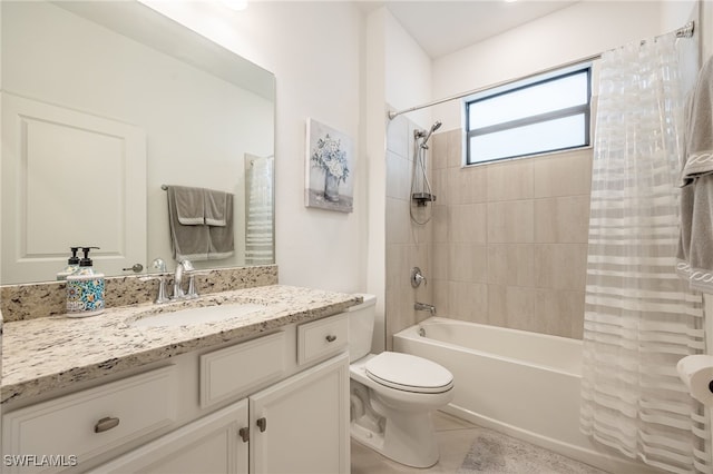 bathroom featuring vanity, shower / tub combo, toilet, and tile patterned flooring