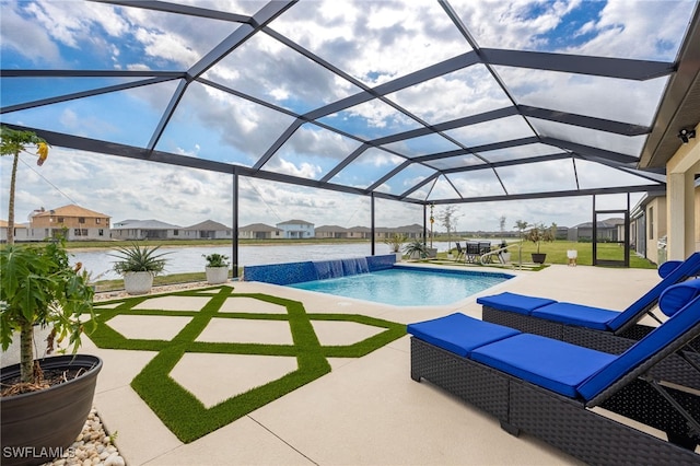 pool with glass enclosure, a residential view, and a patio area