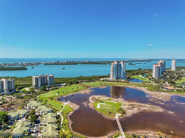 bird's eye view featuring a water view and a city view