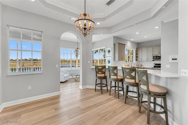 kitchen with a chandelier, stainless steel appliances, a tray ceiling, and light countertops