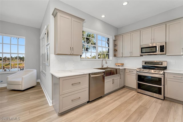 kitchen with light wood finished floors, stainless steel appliances, backsplash, gray cabinetry, and a sink