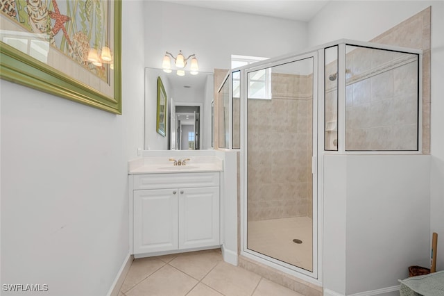 full bath featuring baseboards, a shower stall, vanity, and tile patterned floors