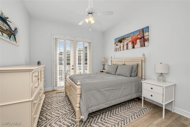 bedroom featuring light wood-style flooring, baseboards, access to outside, and a ceiling fan