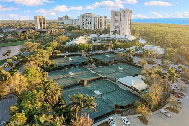 aerial view featuring a city view and a water view