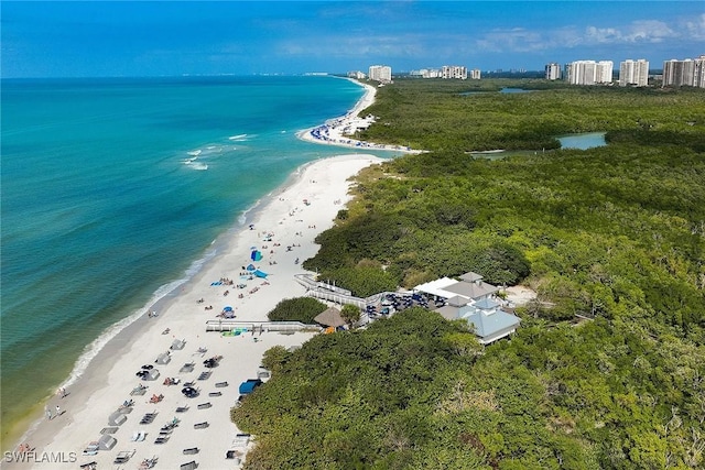 drone / aerial view featuring a beach view and a water view