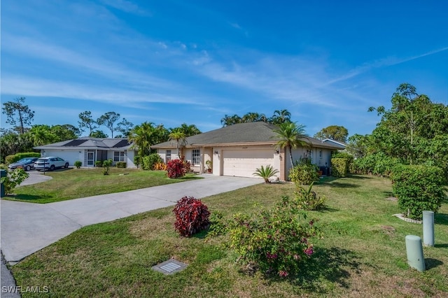 ranch-style home featuring driveway, a garage, a front lawn, and stucco siding