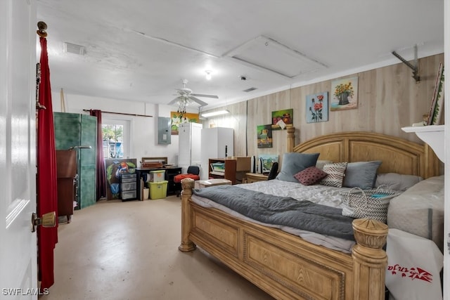 bedroom featuring visible vents, finished concrete floors, a ceiling fan, wood walls, and electric panel