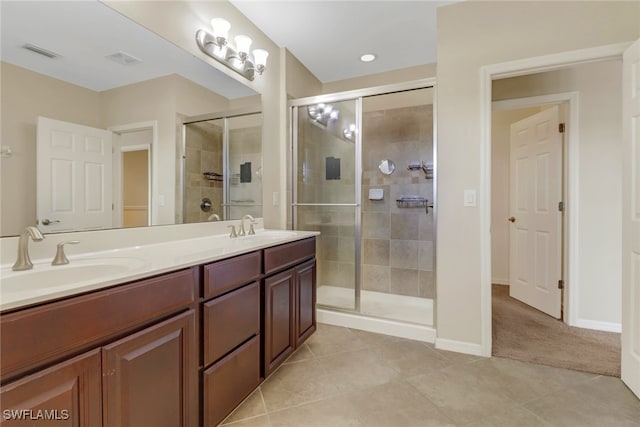 bathroom featuring a sink, visible vents, a shower stall, and tile patterned floors